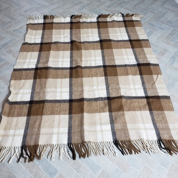 SOLD Vintage Pure Wool Throw Plaid Brown Tan 53X65 - Picture 2 of 6